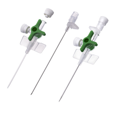 IV Cannula with integrated three-way stopcock, with wings, with injection port