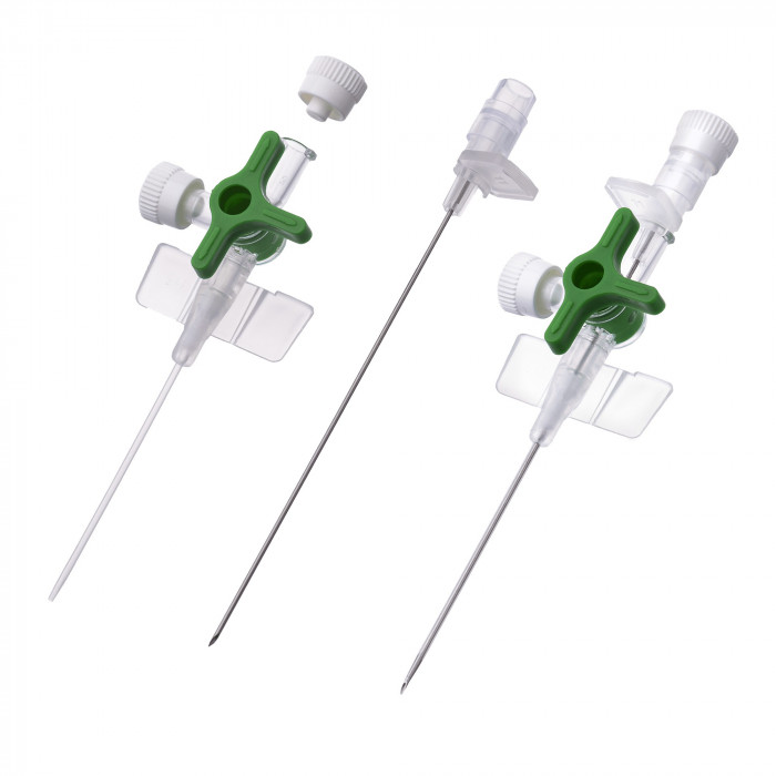 IV Cannula with integrated three-way stopcock, with wings, with injection port